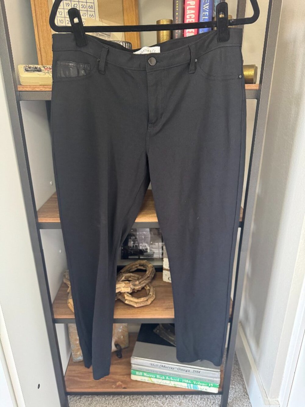 Calvin Klein Black 5-Pocket Stretch Pants w/Faux Leather Detail - Size 14